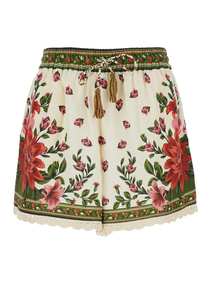 Wonder Shorts with Elastic Waist and Drawstring All-Over Floral Motif in Multicolor Linen Blend for Women Viscose Bermuda