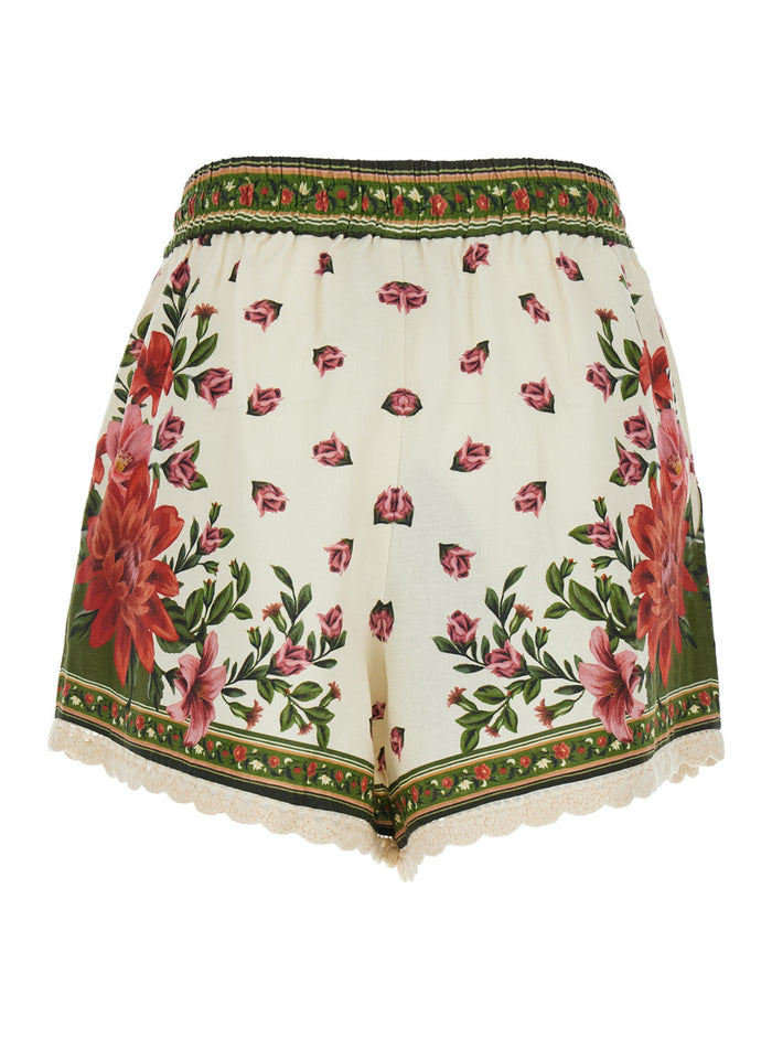 Wonder Shorts with Elastic Waist and Drawstring All-Over Floral Motif in Multicolor Linen Blend for Women Viscose Bermuda