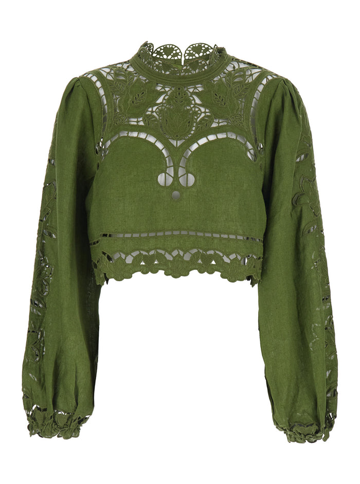 Crop Blouse Majestic Garden Crew Neck with Floral Cut-Out and All-Over Embroidery in Green Linen for Women Shirts Blouses