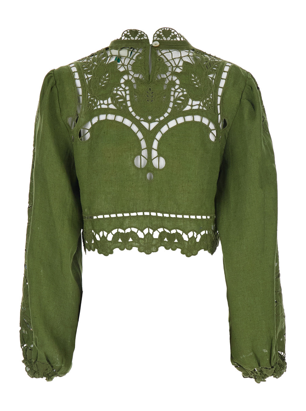 Crop Blouse Majestic Garden Crew Neck with Floral Cut-Out and All-Over Embroidery in Green Linen for Women Shirts Blouses