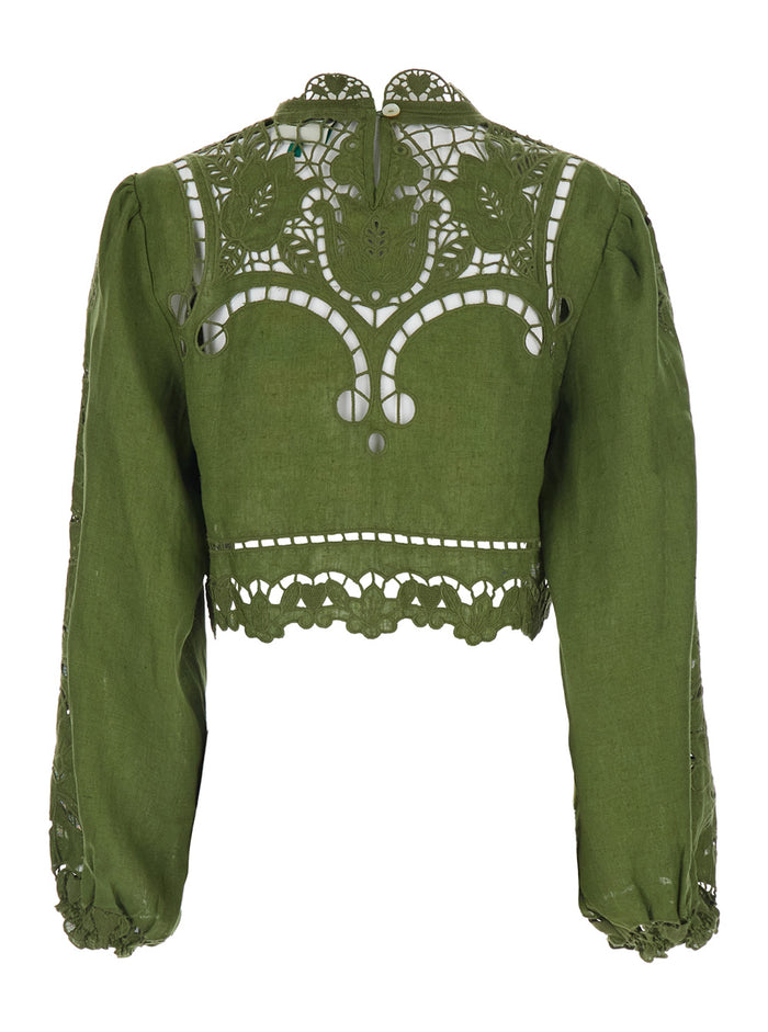 Crop Blouse Majestic Garden Crew Neck with Floral Cut-Out and All-Over Embroidery in Green Linen for Women Shirts Blouses