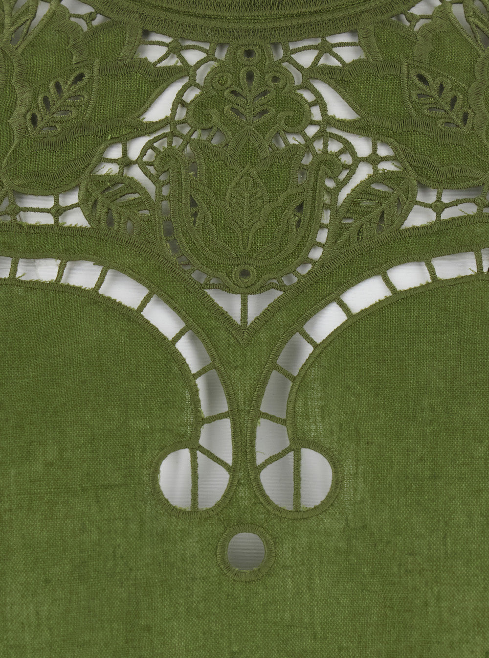 Crop Blouse Majestic Garden Crew Neck with Floral Cut-Out and All-Over Embroidery in Green Linen for Women Shirts Blouses