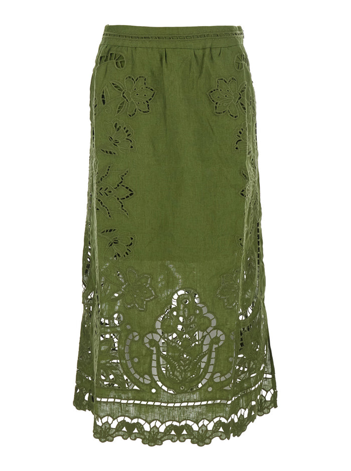 Dress Majestic Garden with Floral Cut-Out and All-Over Embroidery in Green for Women Linen Skirt