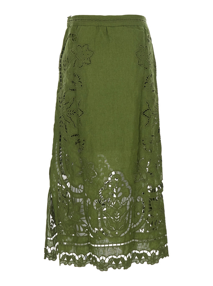 Dress Majestic Garden with Floral Cut-Out and All-Over Embroidery in Green for Women Linen Skirt