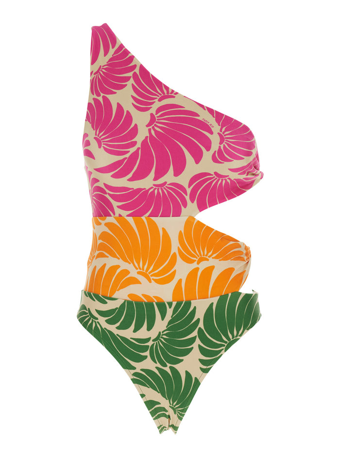 One-Piece Swimsuit Off-Shoulder with Cut-Out Detail and All-Over Floral Motif in Multicolor Tech Fabric for Women Polyamide Elastane Beachwear