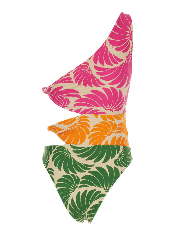 One-Piece Swimsuit Off-Shoulder with Cut-Out Detail and All-Over Floral Motif in Multicolor Tech Fabric for Women Polyamide Elastane Beachwear