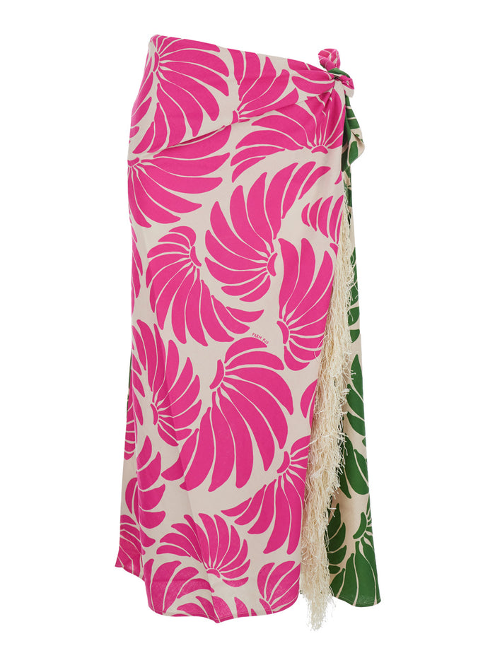 Midi Skirt Floral Knot with Side Closure and All-Over Print in Multicolor Linen Blend for Women Viscose