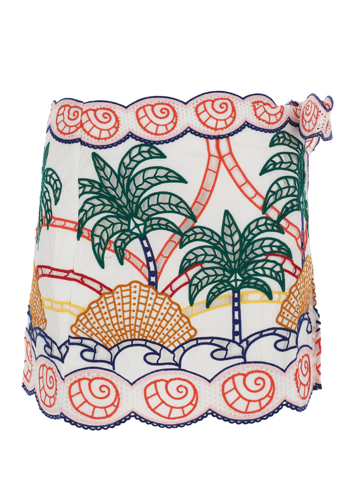 White Skirt with Side Knot Closure and All-Over Tropical Embroidery for Women Cotton