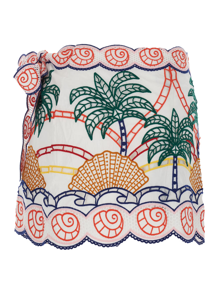 White Skirt with Side Knot Closure and All-Over Tropical Embroidery for Women Cotton