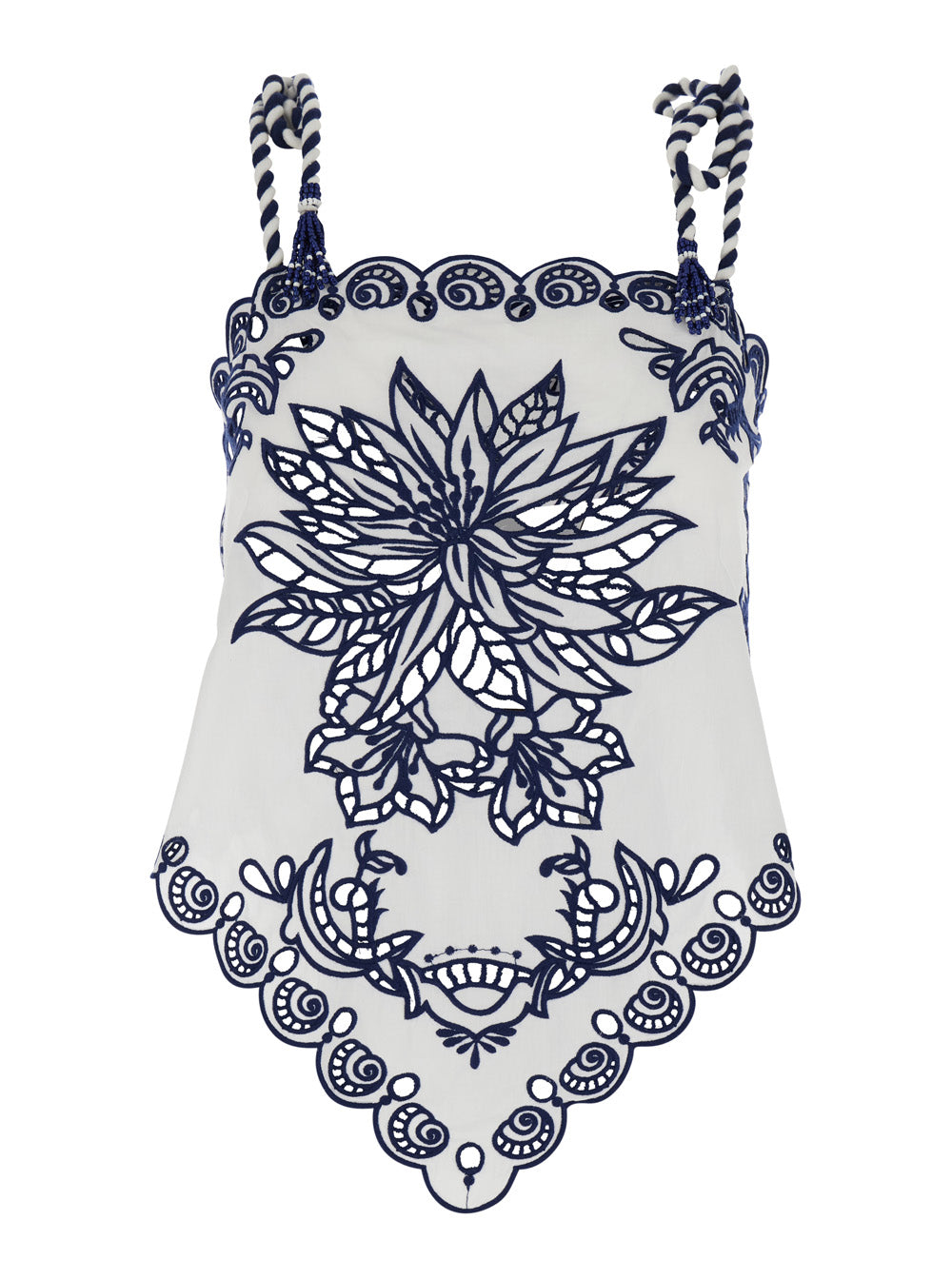 Garden Tiles White Sleeveless Top with Asymmetric Scallop Hem and All-Over Embroidery in Cotton Woman Tops