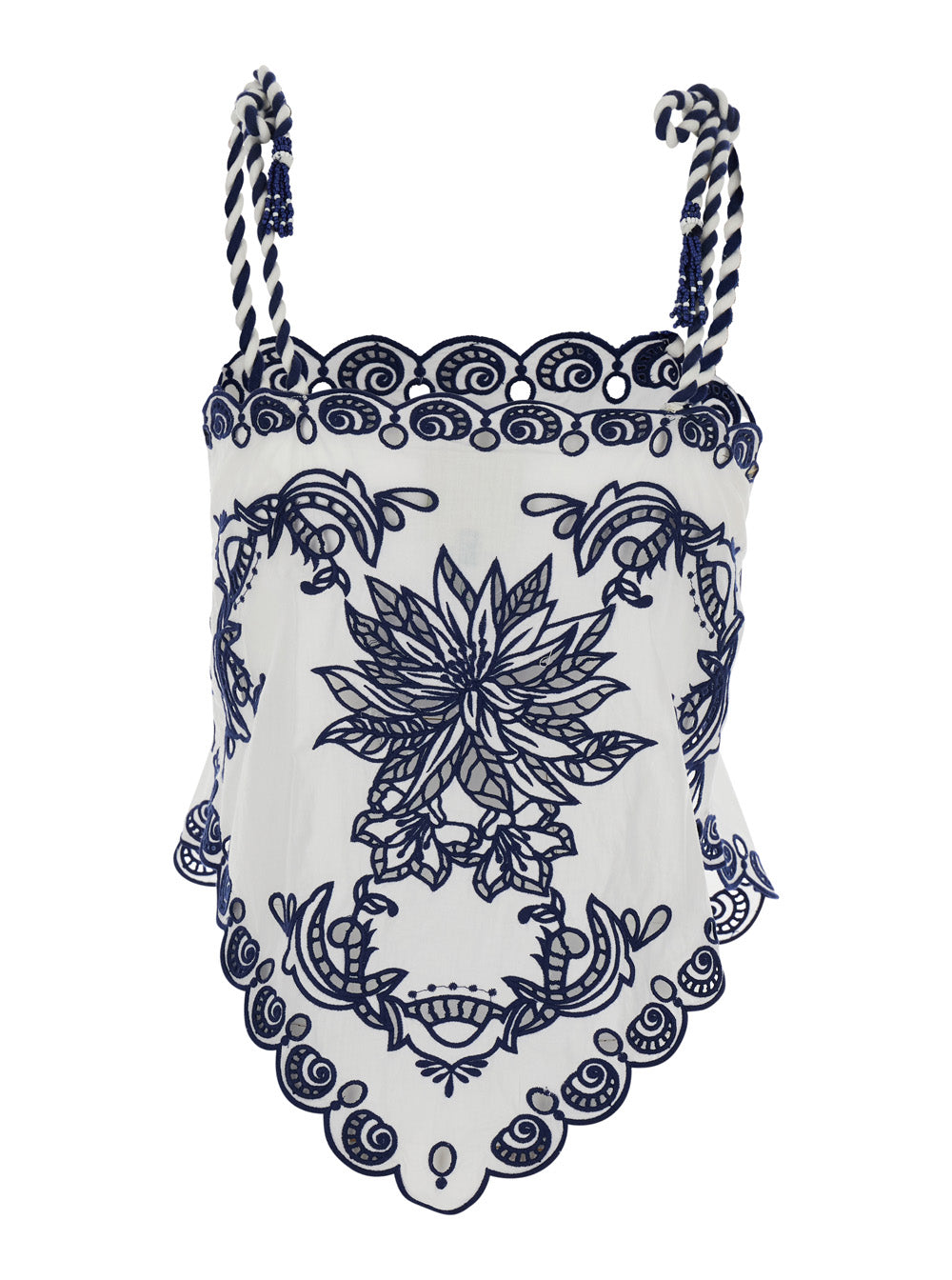 Garden Tiles White Sleeveless Top with Asymmetric Scallop Hem and All-Over Embroidery in Cotton Woman Tops