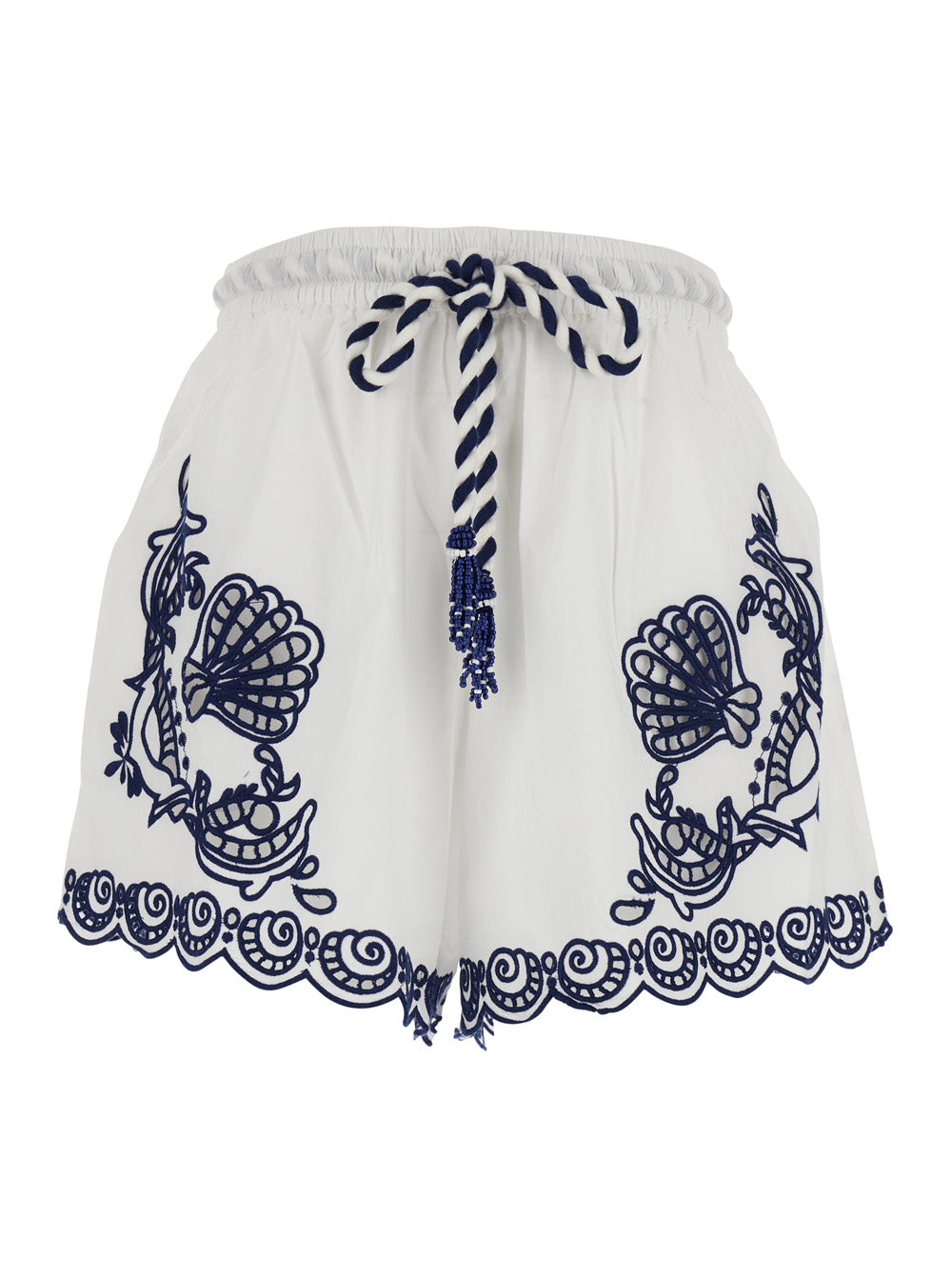 Garden Tiles White Shorts with Drawstring Waist and All-Over Embroidery in Cotton Woman Bermuda