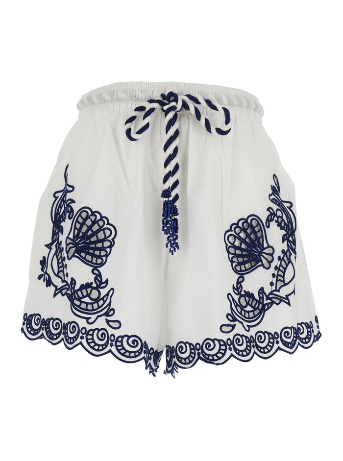 Garden Tiles White Shorts with Drawstring Waist and All-Over Embroidery in Cotton Woman Bermuda