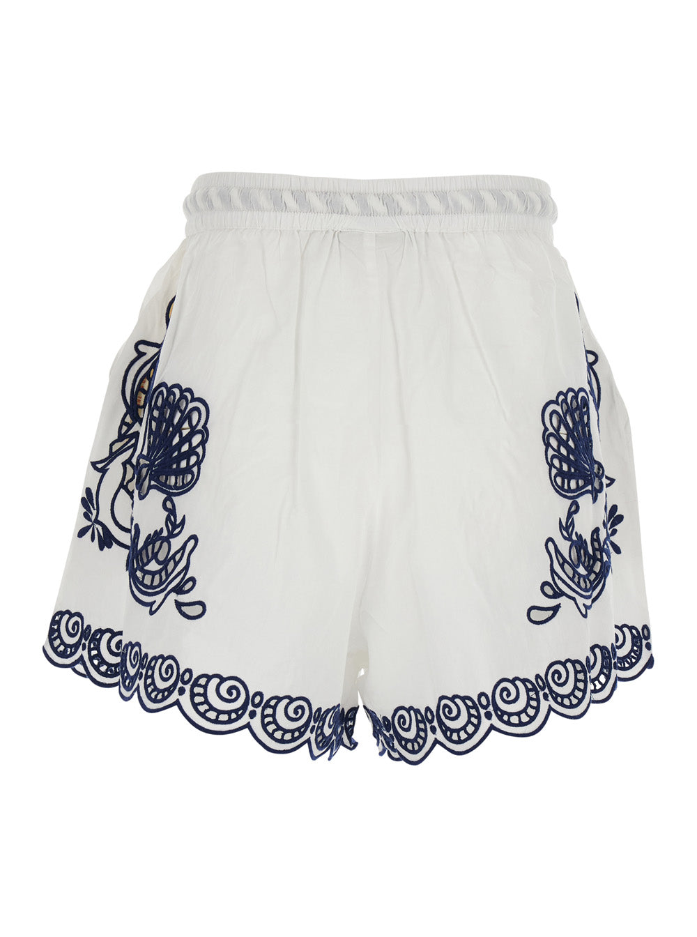 Garden Tiles White Shorts with Drawstring Waist and All-Over Embroidery in Cotton Woman Bermuda