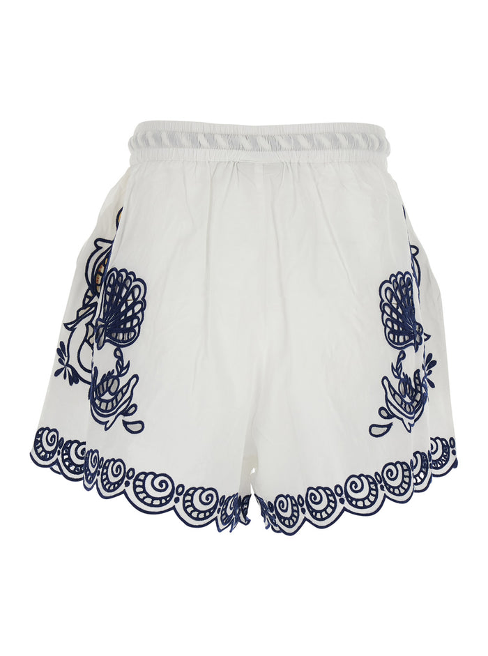 Garden Tiles White Shorts with Drawstring Waist and All-Over Embroidery in Cotton Woman Bermuda
