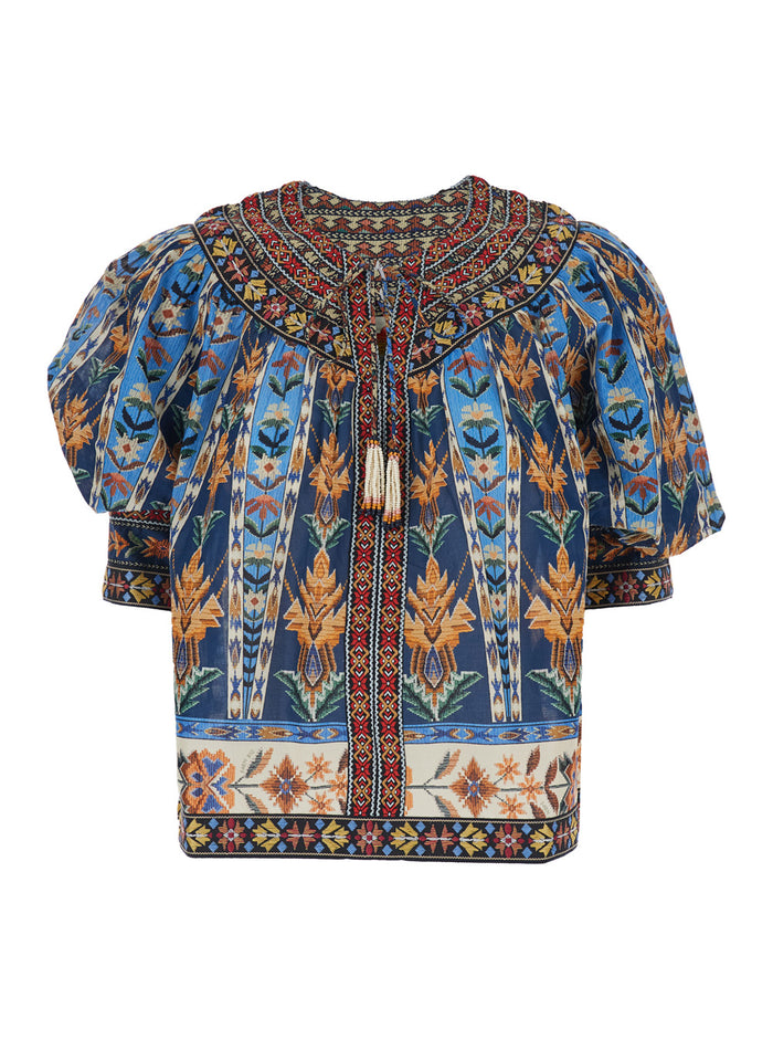 Dress Embroidered Tapestry Blue with Short Sleeves and Multicolor Embroidery in Cotton for Women Shirts Blouses