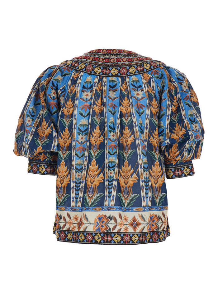 Dress Embroidered Tapestry Blue with Short Sleeves and Multicolor Embroidery in Cotton for Women Shirts Blouses
