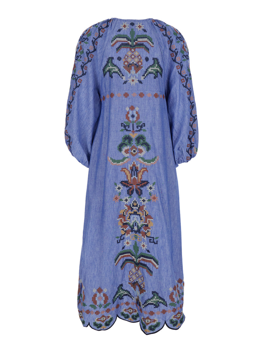 Round Neck Dress with Knot Closure and All-Over Embroidery in Blue Fabric for Women Light Long
