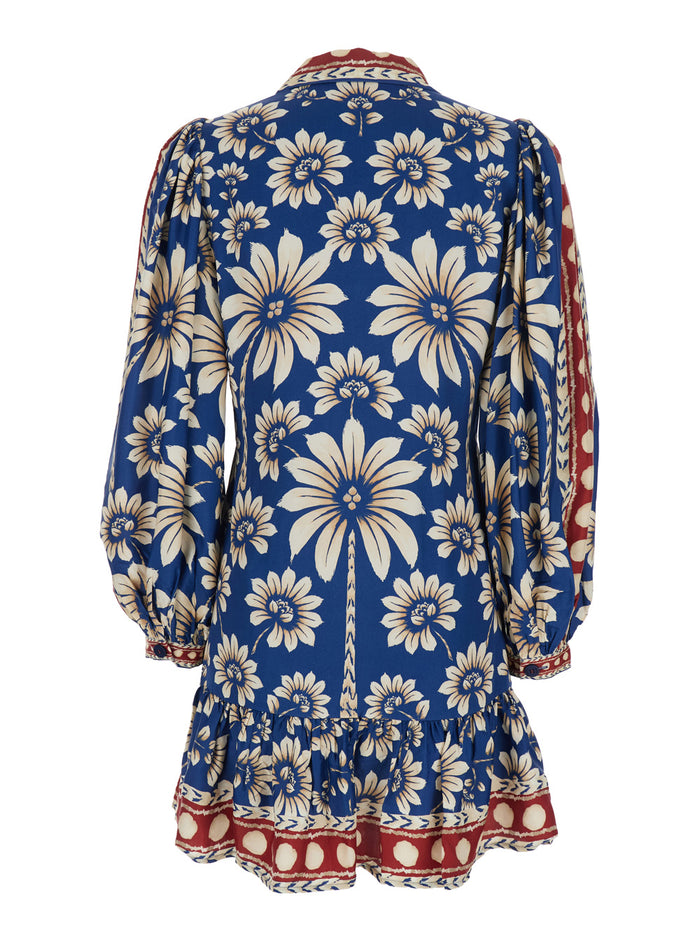 Midi Dress Luna with V-Neck and All-Over Floral Motif in Blue Viscose for Women Blu