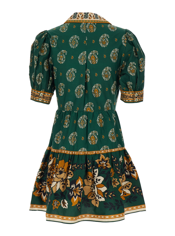 Ayla Green Mini Dress With Bow On The Front And All-Over Floral Motif Cotton For Women
