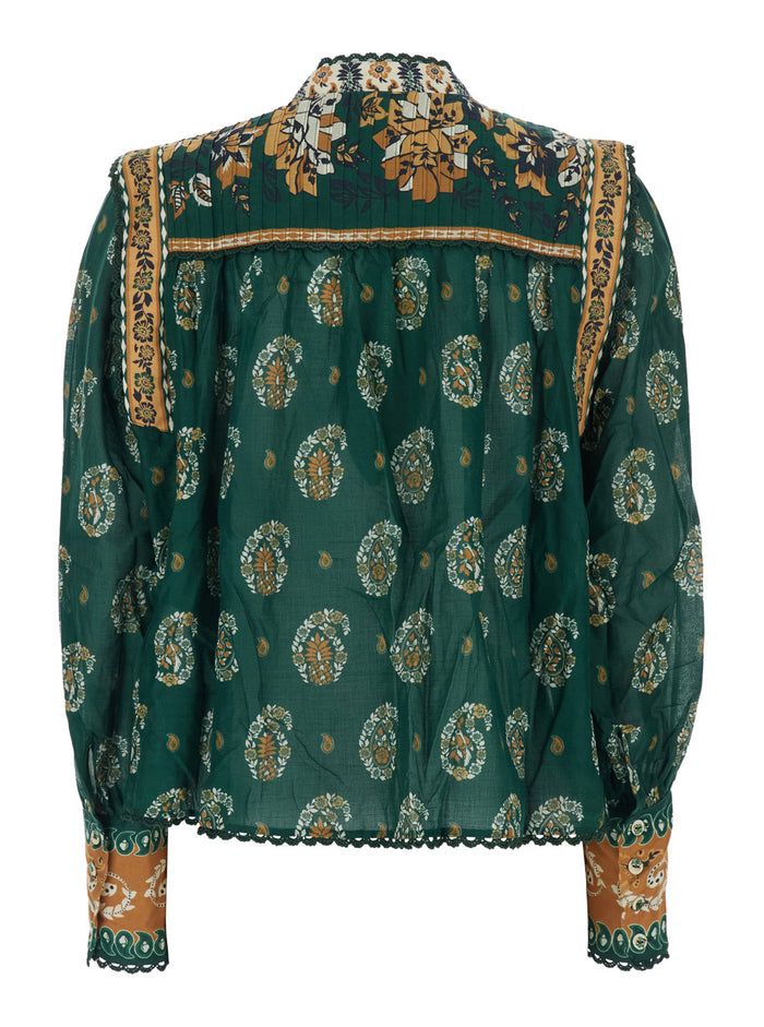 Ayla Dress with Button Cuffs and All-Over Floral Motif in Green Cotton for Women Shirts Blouses