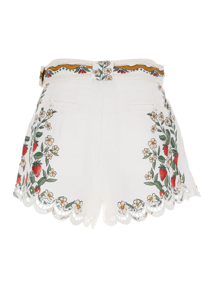Fruit Beauty white shorts with print on front and back belt in viscose for women Bermuda