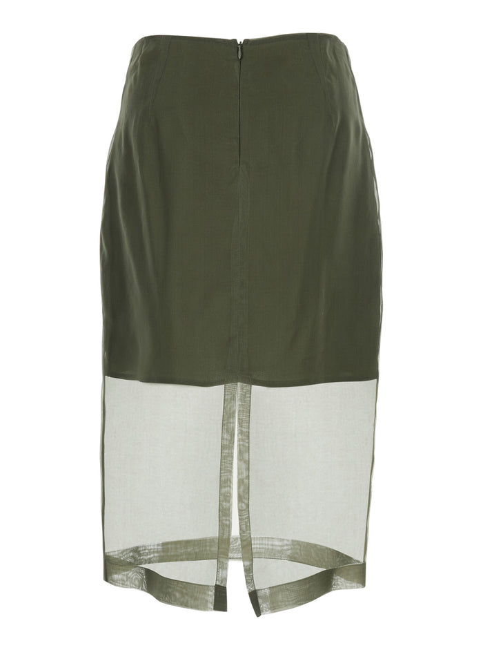 Green Skirt With Zip Closure At The Back And Semi-Transparent Silk Design For Women