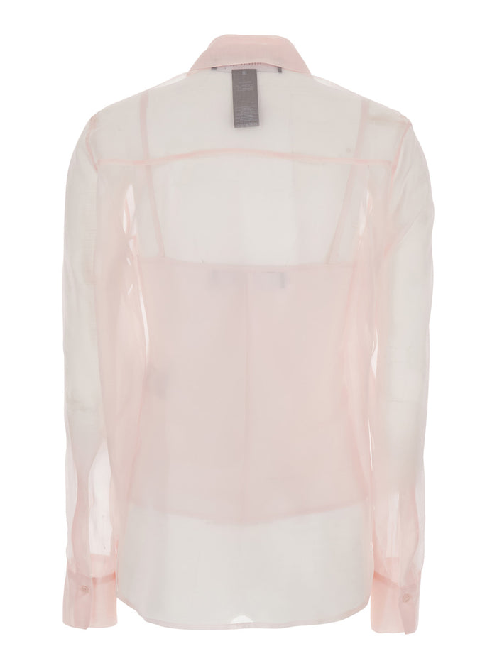 Silk Shirt with Pointed Collar and Transparent Design Pink Women Blouses