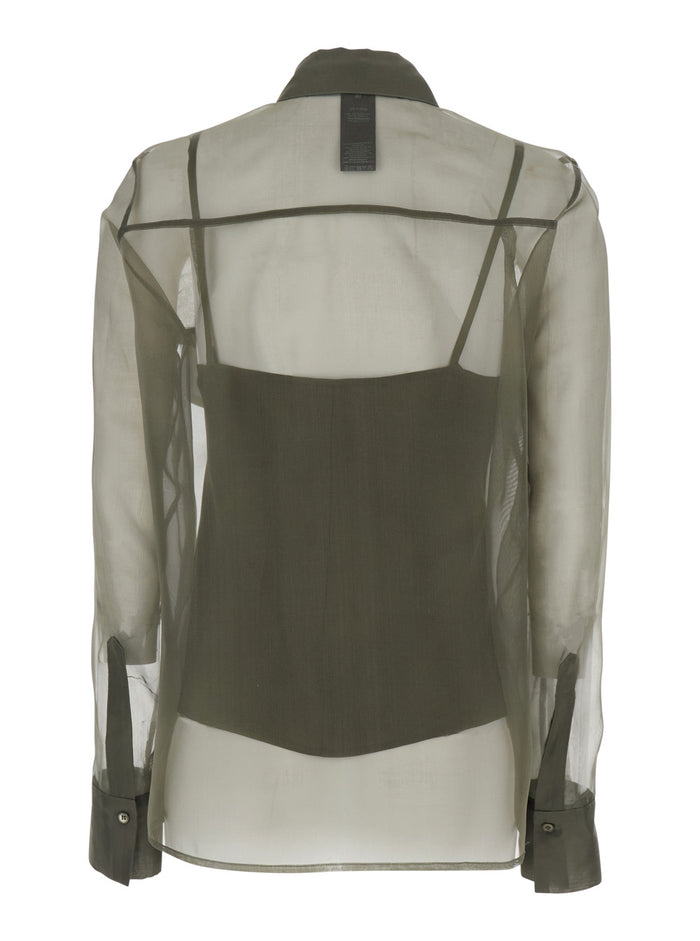 Silk Shirt with Pointed Collar and Transparent Design Green Women Blouses
