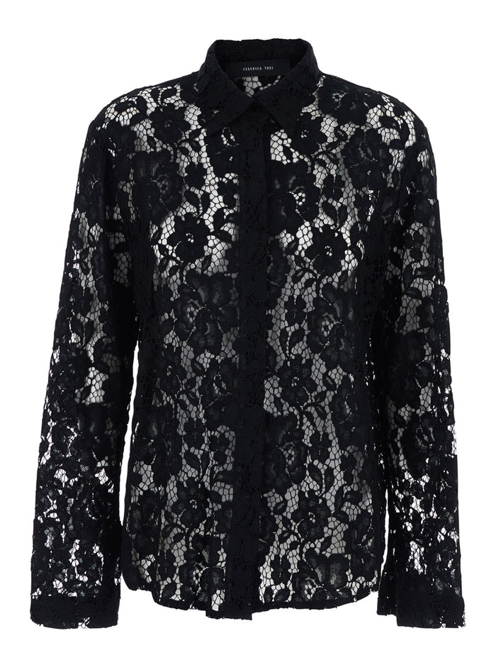 Shirt with classic collar and lace design in black cotton blend for women Blouses