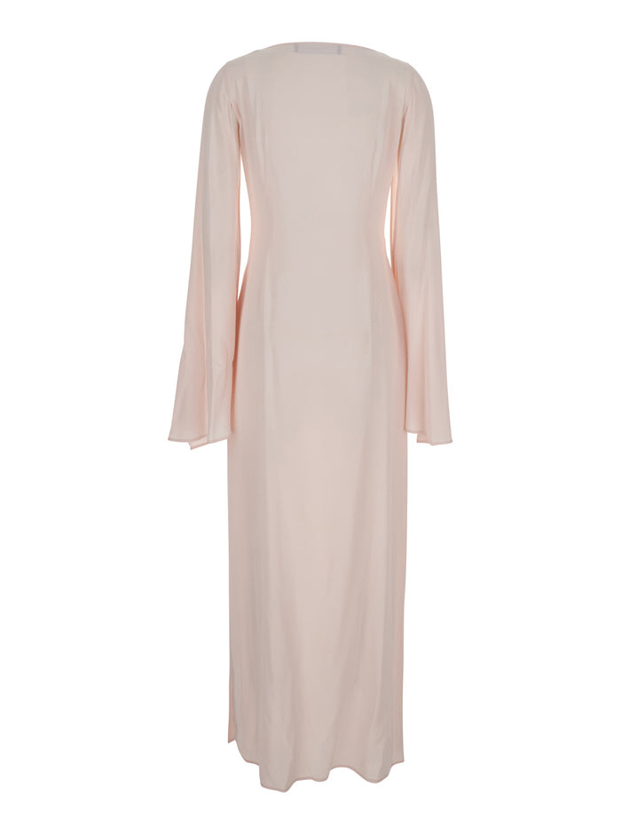 Pink Long Dress With Draped Neckline Fabric For Women