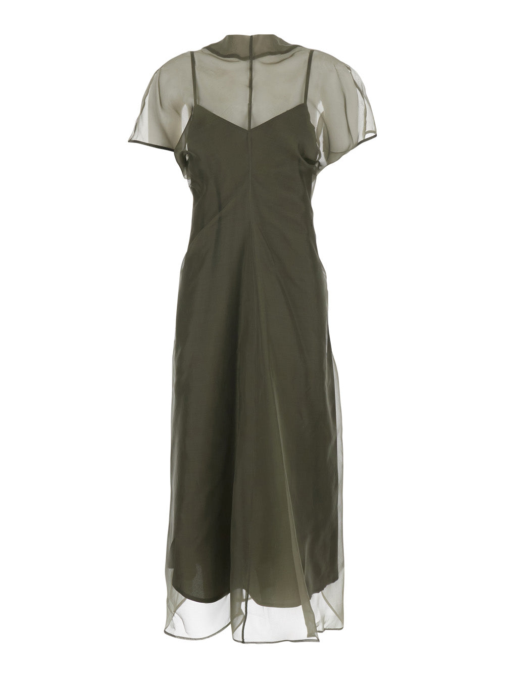 Green Crew Neck Dress with Zip Closure at the Back and Silk Slip for Women Long
