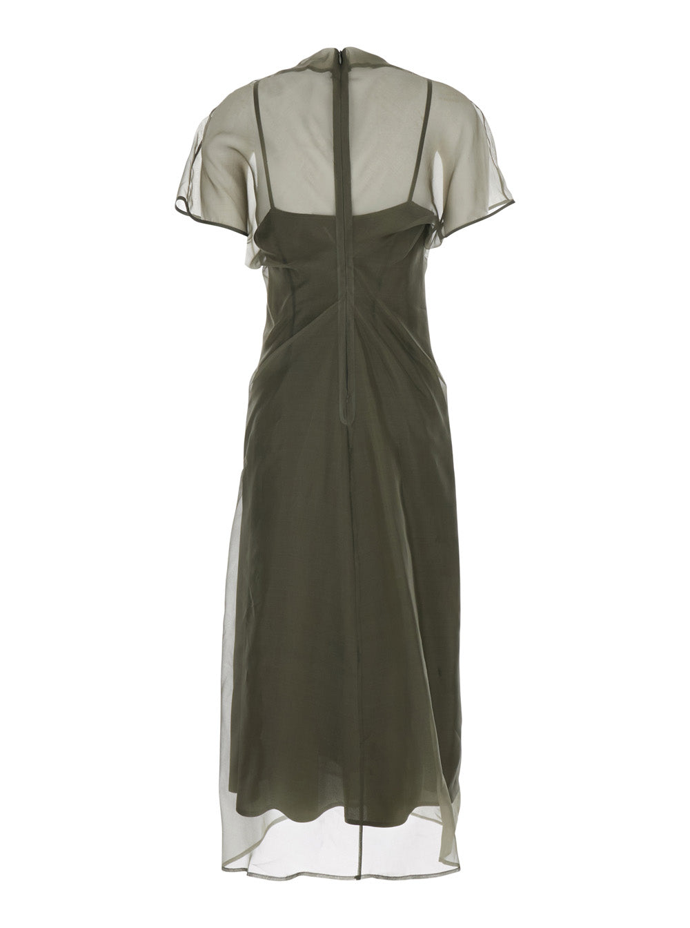 Green Crew Neck Dress with Zip Closure at the Back and Silk Slip for Women Long