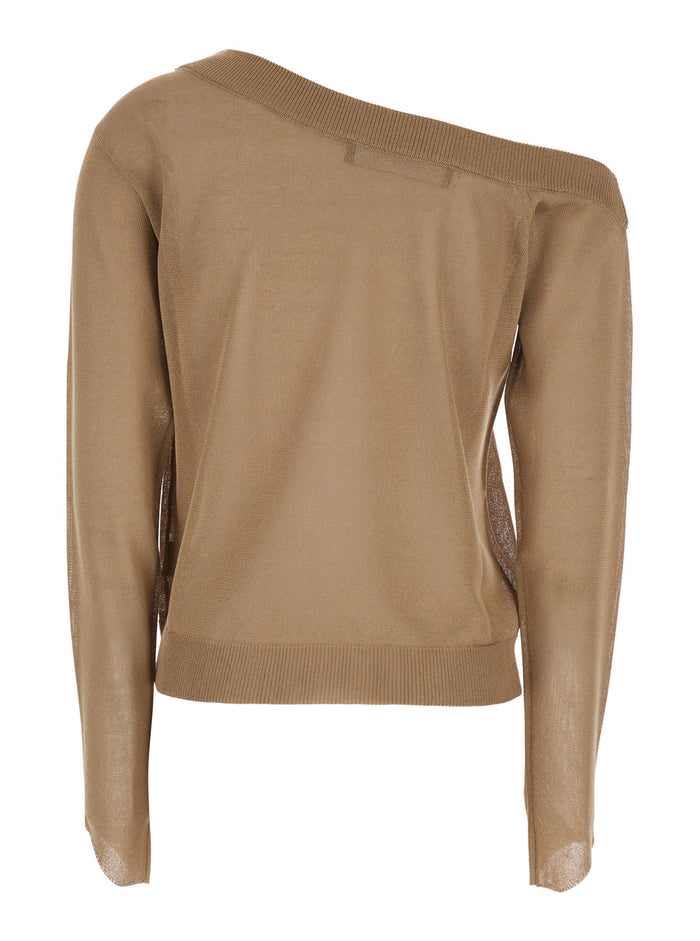 One-Shoulder Sweater with Ribbed Edges in Brown Wool Blend for Women Jersey