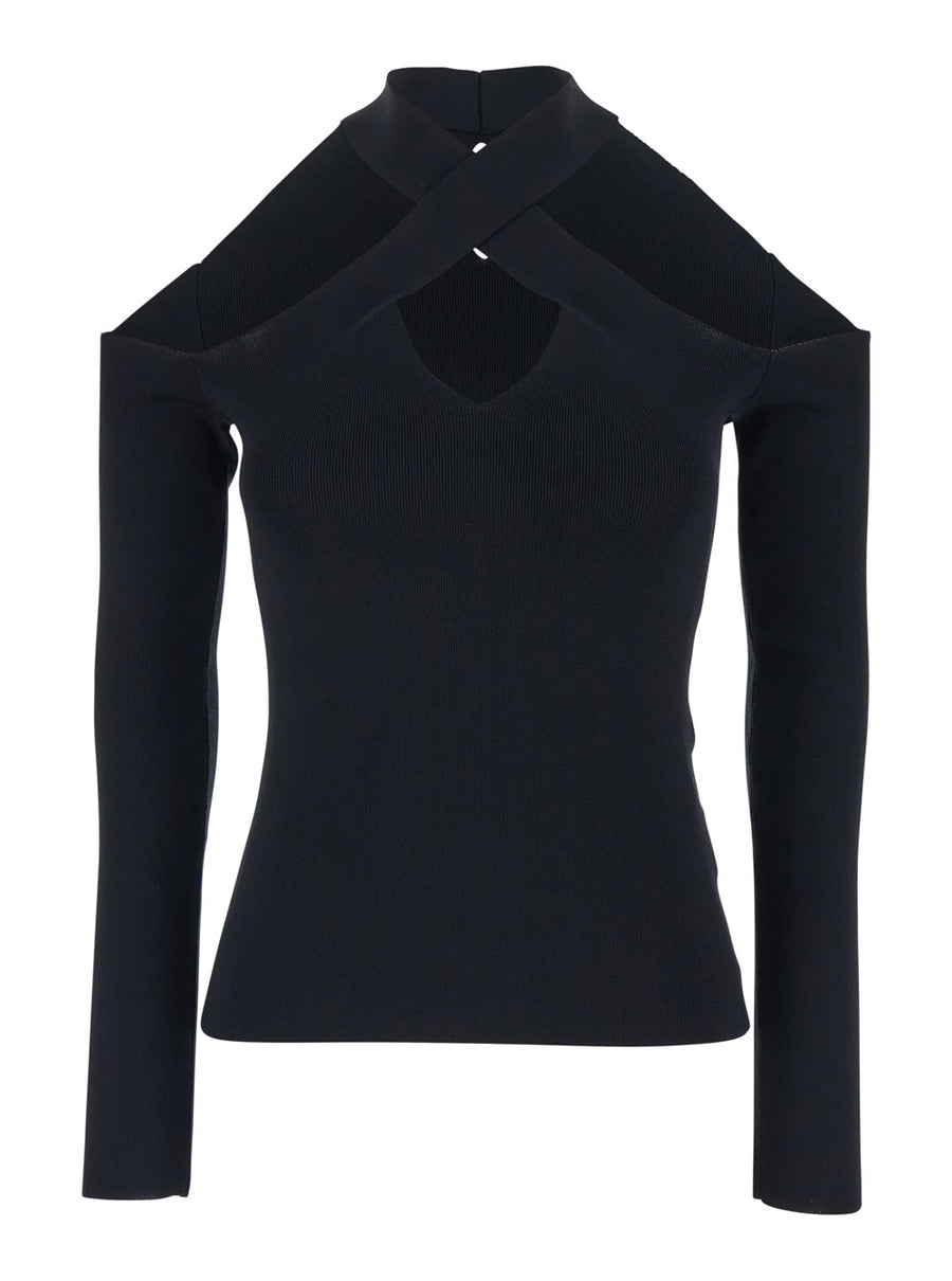 Top Ribbed Knit Crossed Neckline Black Tops