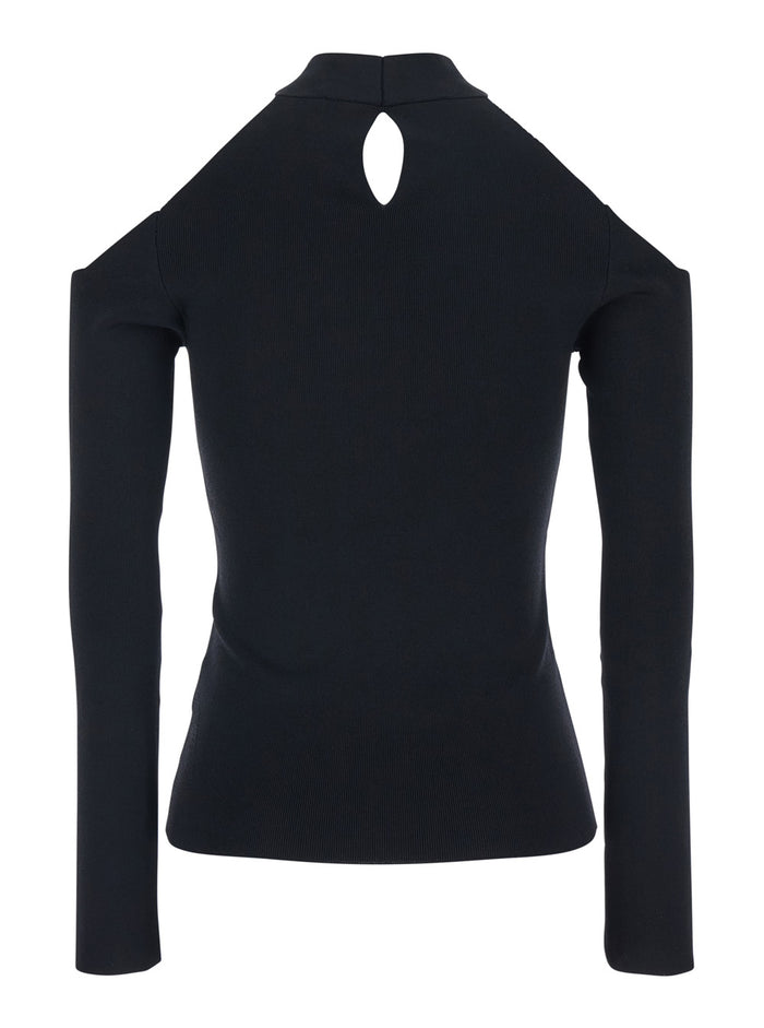 Black Crossed Neckline Ribbed Knit Top for Women Jersey