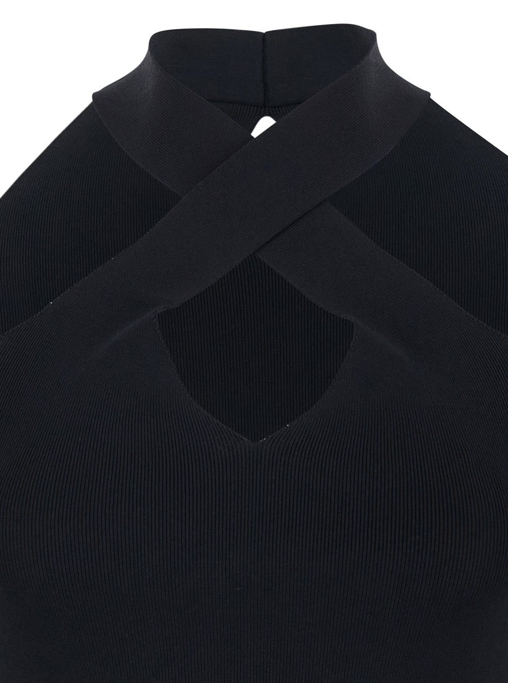 Black Crossed Neckline Ribbed Knit Top for Women Jersey