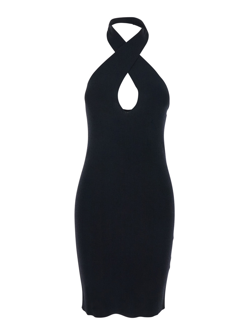 Black Sleeveless Short Dress With Criss-Crossed Neckline And Ribbed Knit Fabric For Women