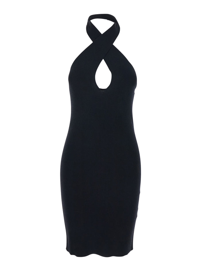 Black Sleeveless Short Dress With Criss-Crossed Neckline And Ribbed Knit Fabric For Women