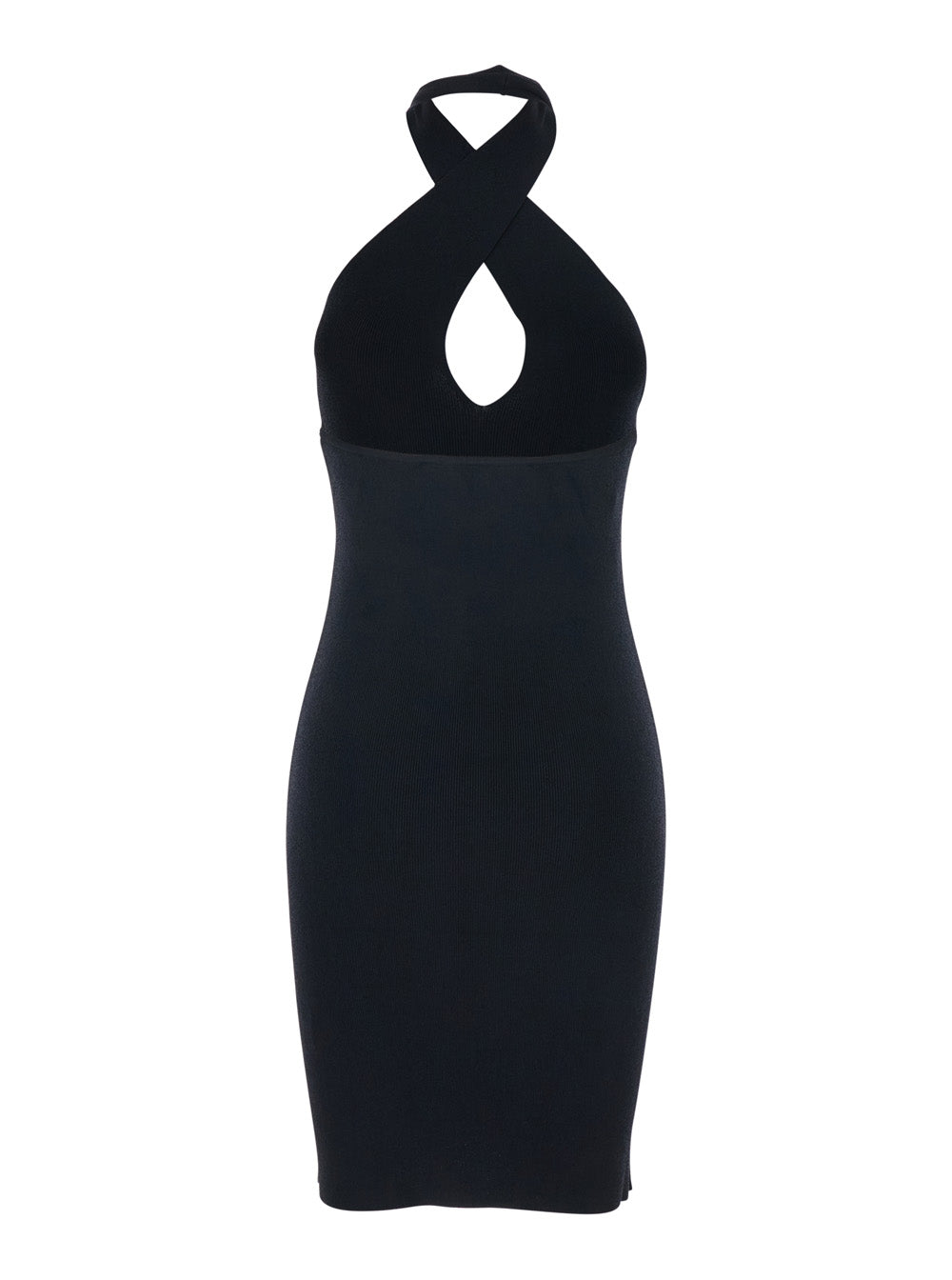 Black Sleeveless Short Dress With Criss-Crossed Neckline And Ribbed Knit Fabric For Women
