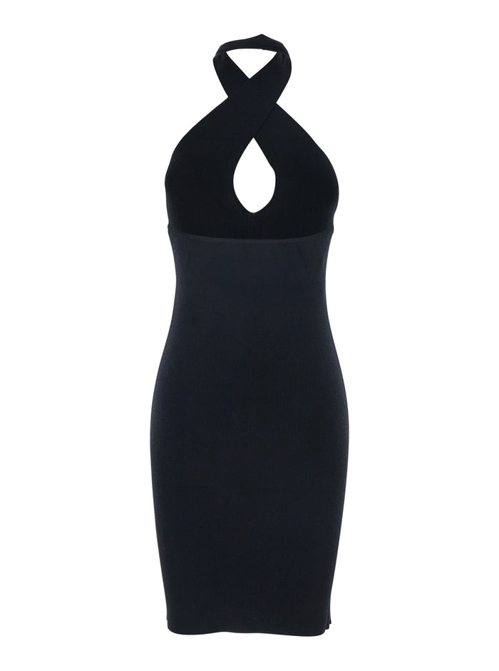 Black Sleeveless Short Dress With Criss-Crossed Neckline And Ribbed Knit Fabric For Women