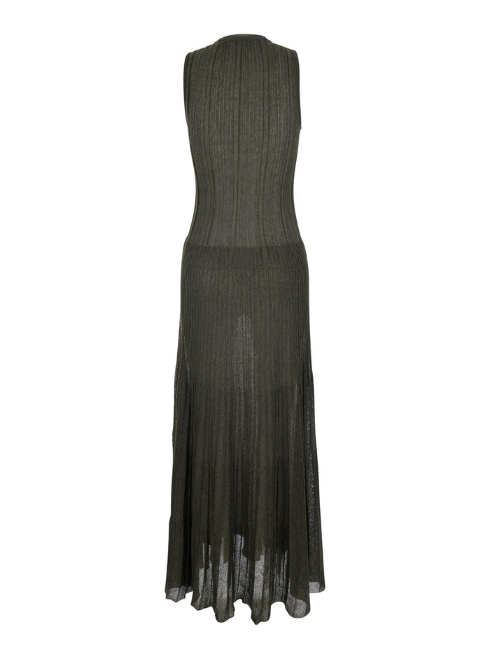 KNIT LONG DRESS - Green with round neckline and sleeves. Made of viscose polyester. In Polyester Women