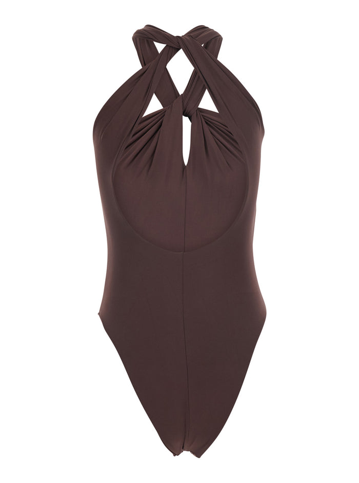 One-Piece Swimsuit One Piece Brown With Deep Neckline And Thin Straps Tech Fabric Women Polyamide Elastane Beachwear