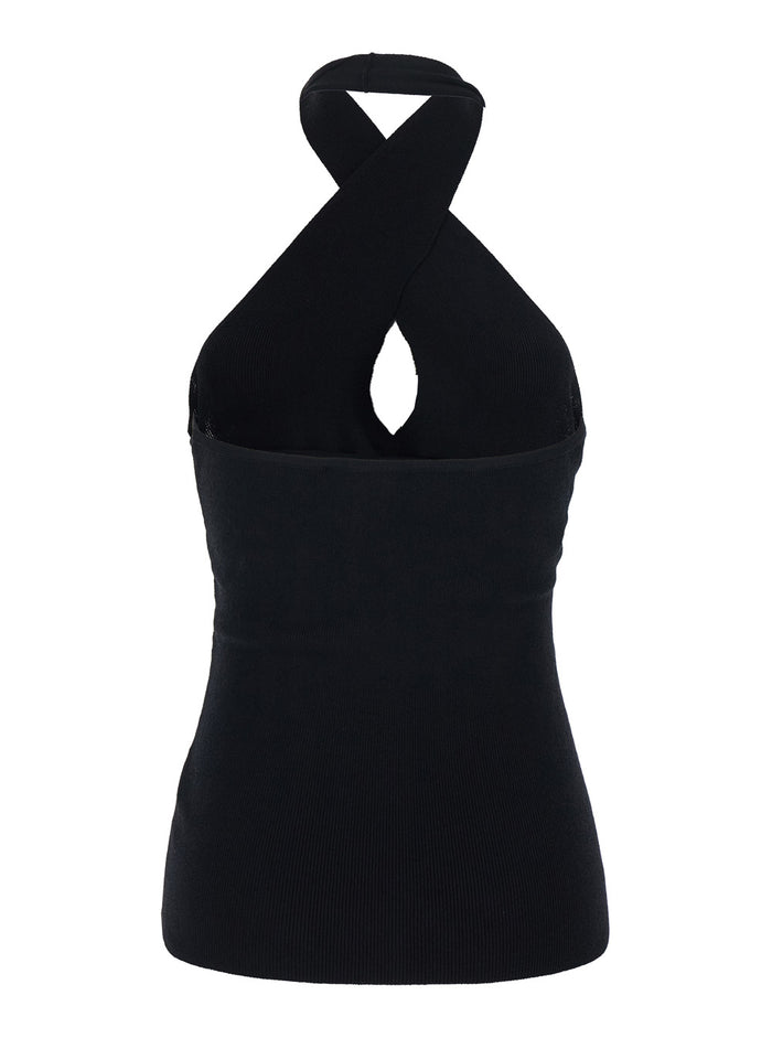 BLACK CROSSOVER TOP - with neckline and details on the back Fabric Women Tops