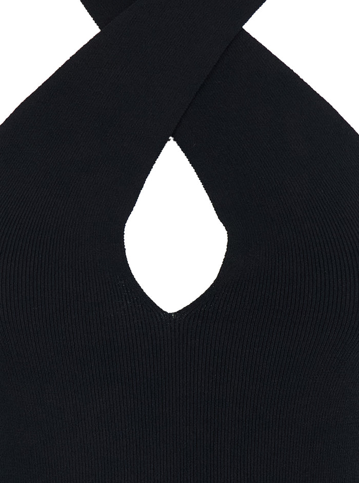 BLACK CROSSOVER TOP - with neckline and details on the back Fabric Women Tops