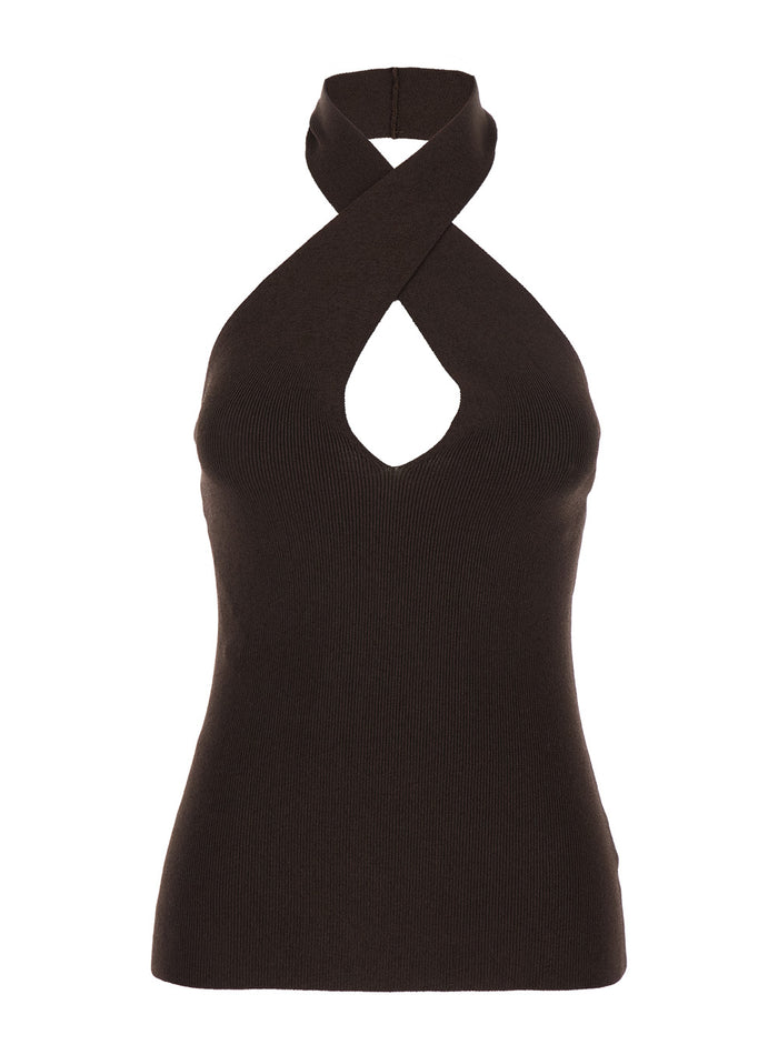 CROSS NECK TOP Brown with Highlighted Details and Short Sleeves in Womens Fabric Tops