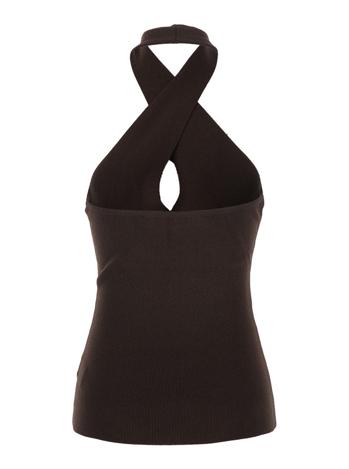CROSS NECK TOP Brown with Highlighted Details and Short Sleeves in Womens Fabric Tops