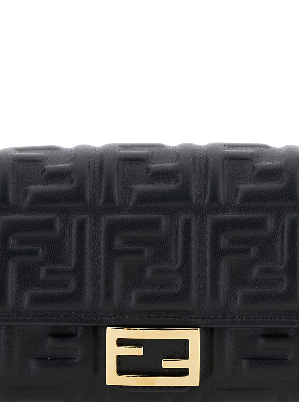 Mini Continental Bag With Ff All-Over Raised Motif Black Leather For Women Lamb Crossbody