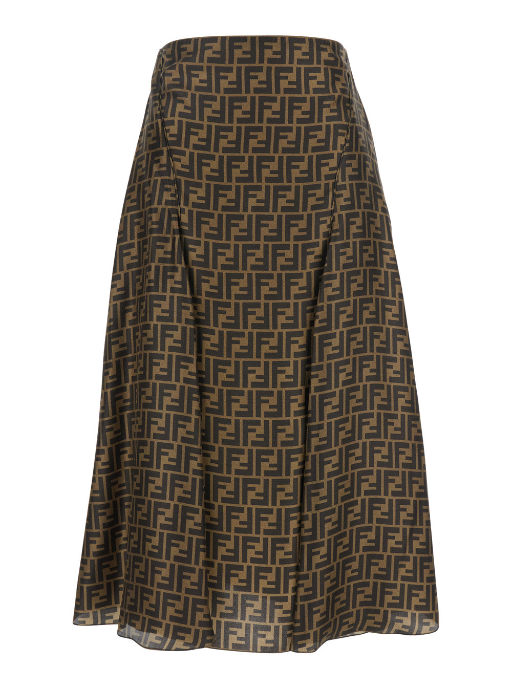 Brown Midi Flared Skirt With Ff Motif All-Over For Silk Women
