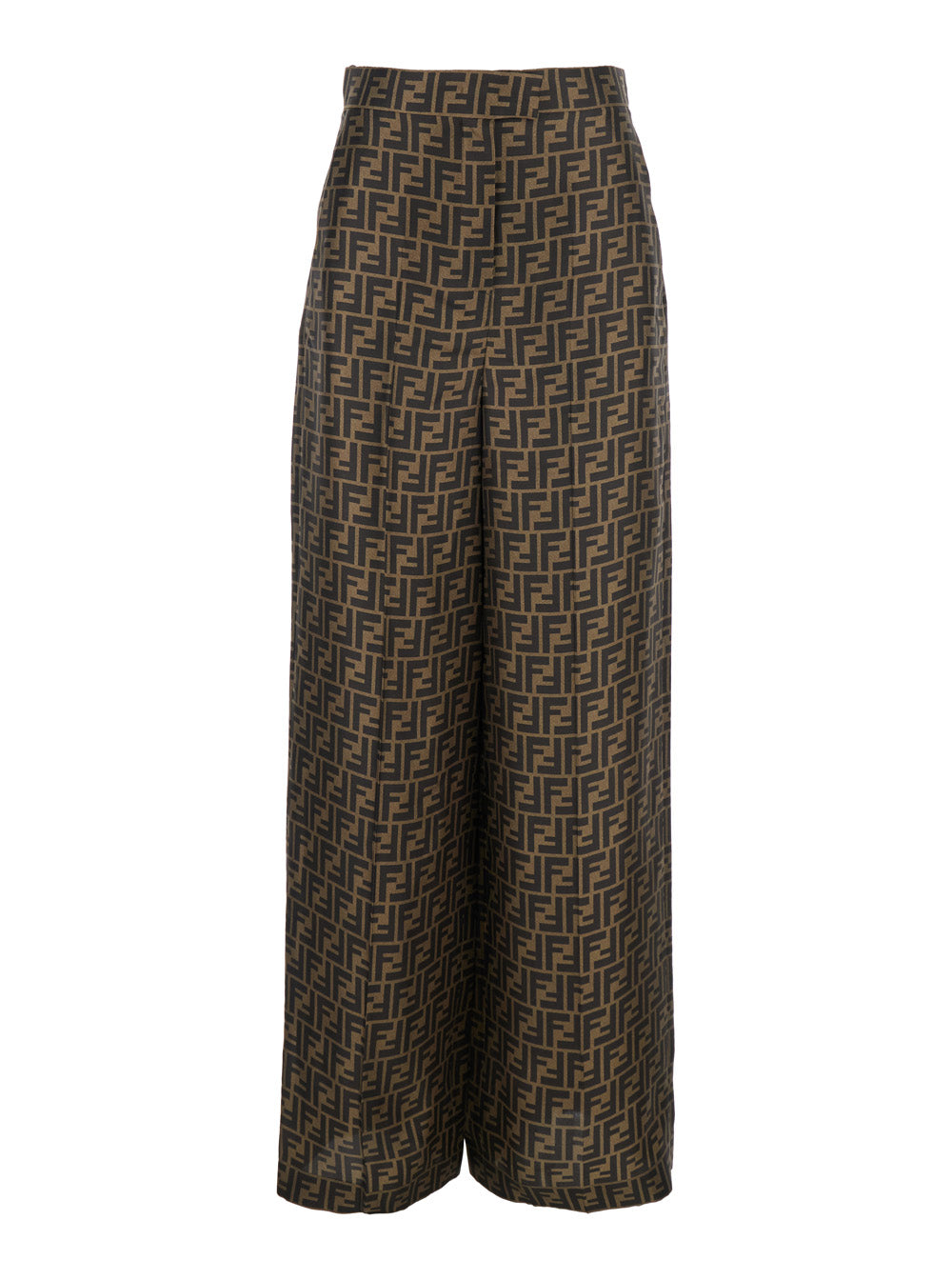 Brown Wide Leg Pants With Ff All-Over Motif Silk Woman Trousers